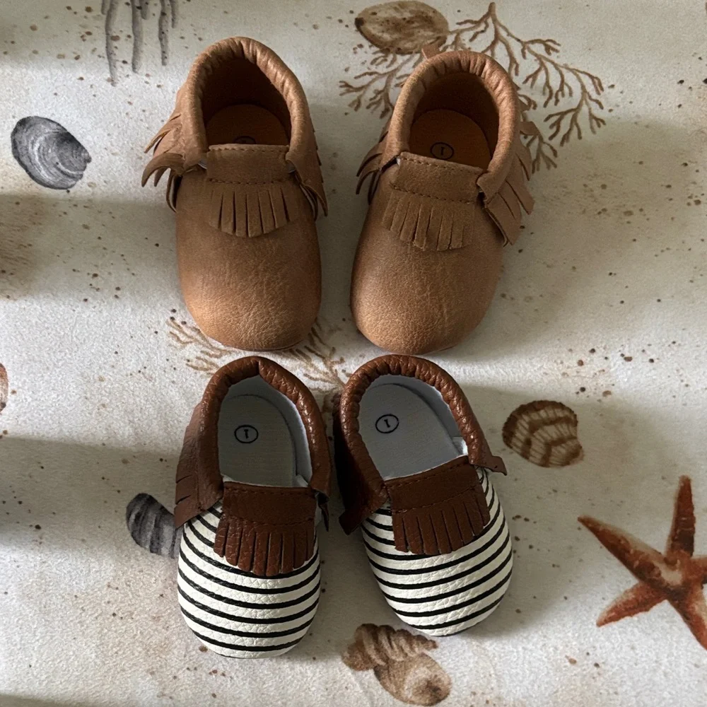 Baby Shoes Moccasins Two Pairs Size 1 Solid Brown and Blue White Striped Pair